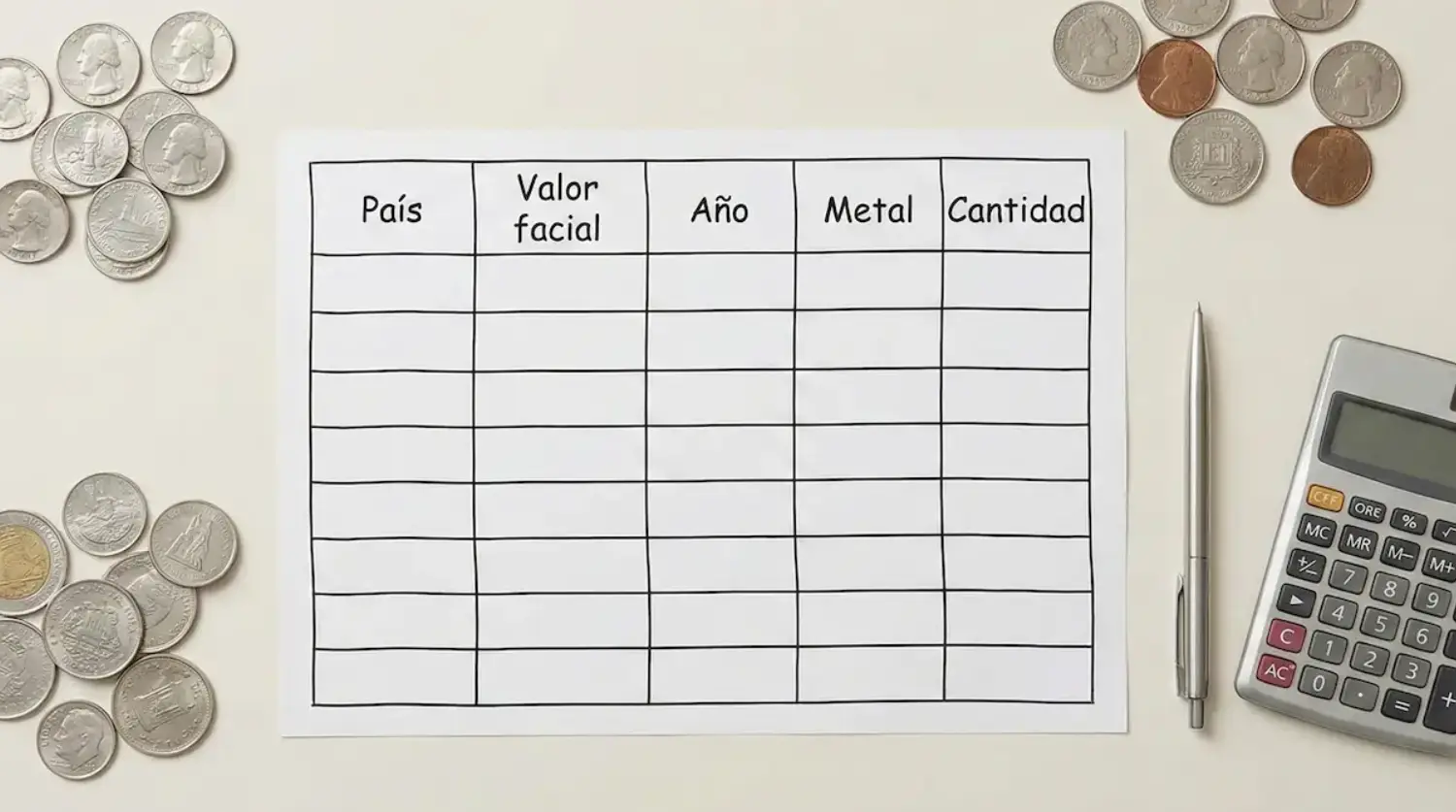 Ejemplo de inventario básico de monedas con columnas de país, valor facial, año y cantidad