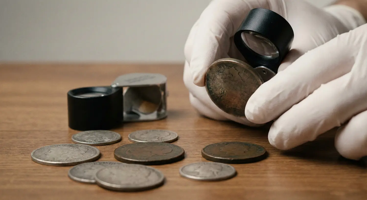 Detalle de varias monedas seleccionadas de una herencia, con lupa y guantes para analizarlas