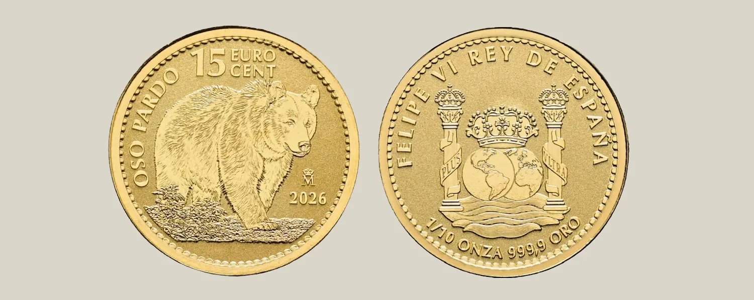 Detalle de la nueva moneda de oro de inversión Oso Pardo (2026) en formato de 1/10 de onza