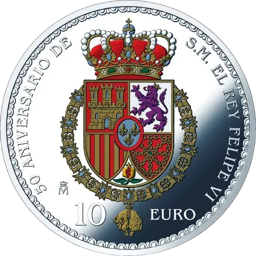 10 euros 2018 - 50 Aniversario de S.M. el Rey Felipe VI: Enlace Matrimonial (Boda) España (reverso) 10 euros 2018 - 50 Aniversario de S.M. el Rey Felipe VI: Enlace Matrimonial (Boda) España (reverso)
