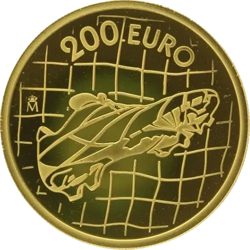 200 euros 2002 - Mundial de Fútbol 2002: Bota de fútbol (letra G) España (reverso) 200 euros 2002 - Mundial de Fútbol 2002: Bota de fútbol (letra G) España (reverso)