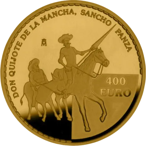 Moneda IV Centenario de El Quijote: Don Quijote y Sancho Panza sobre sus cabalgaduras (2005)