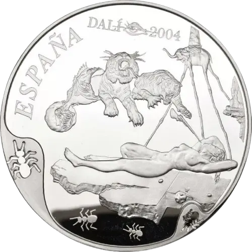 50 euros 2004 - Centenario nacimiento Salvador Dalí: Figura rinoceróntica del Ilisos de Fidias España (anverso) 50 euros 2004 - Centenario nacimiento Salvador Dalí: Figura rinoceróntica del Ilisos de Fidias España (anverso)