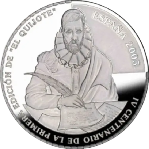 50 euros 2005 - IV Centenario de El Quijote: Don Quijote de la Mancha leyendo España (anverso) 50 euros 2005 - IV Centenario de El Quijote: Don Quijote de la Mancha leyendo España (anverso)