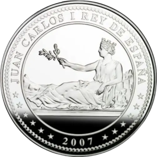 50 euros 2007 - V Aniversario del Euro: Hispania (pesetas 1869) España (anverso) 50 euros 2007 - V Aniversario del Euro: Hispania (pesetas 1869) España (anverso)